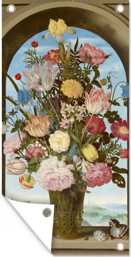 MuchoWow 80x160 cm Outdoor-Poster Gartendeko Sichtschutz Garten Poster für den Garten Vase mit Blumen in einem Fenster - Gemälde von Ambrosius...