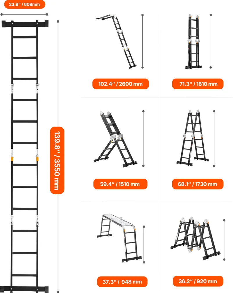 Échelle transformable 7 positions en aluminium - Échafaudage de 3,55m - 8