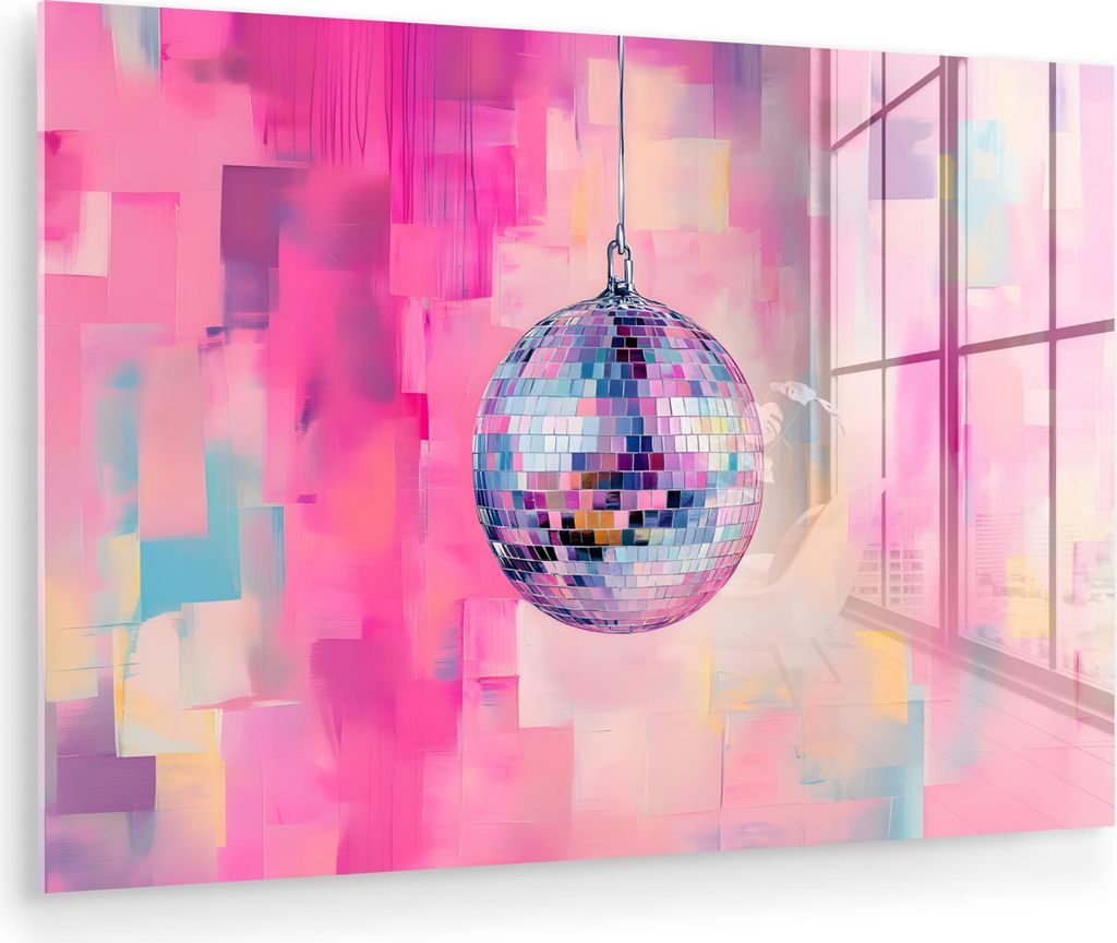 MuchoWow Glasbilder - Bilder auf Wandbild - Foto auf Glas Discoball - Rosa - Farbe 90x60 cm Wanddekoration aus Glas - Acrylglasbild - Acrylbilder -...