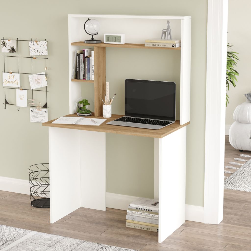 Schreibtisch 'Tópisa' mit Regal 149x90x52 cm Eiche/Weiß Produktbild 