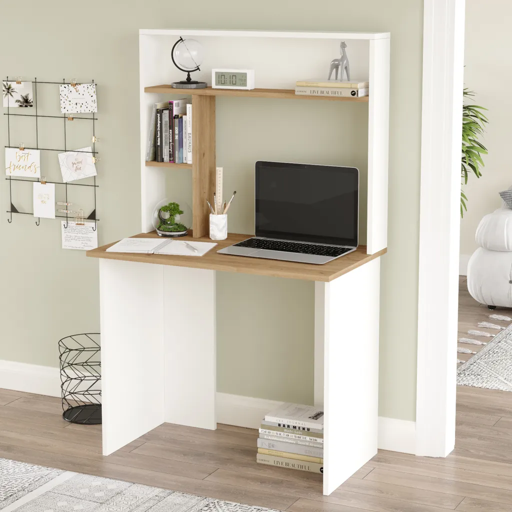 Bureau Tópisa avec étagère 149x90x52 cm chêne et blanc pour ordinateur