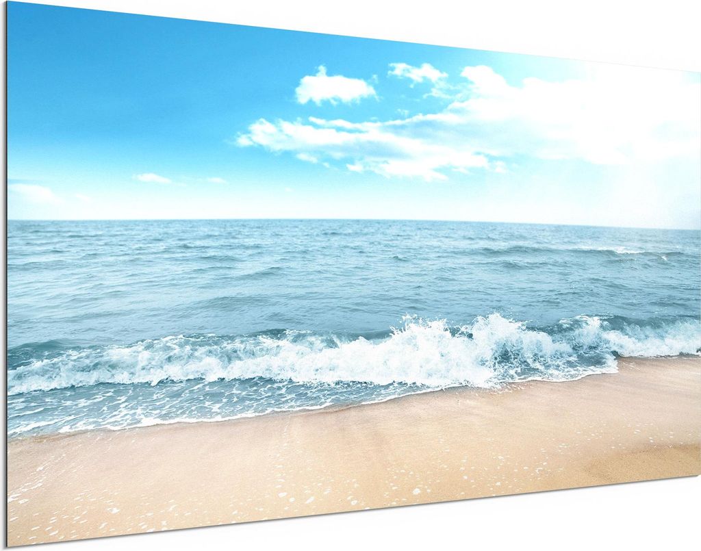 DEQORI Alu-Dibond Bild Weiß 100x50 cm 'Wellen am Strand' Wandbild Metall dünn Design