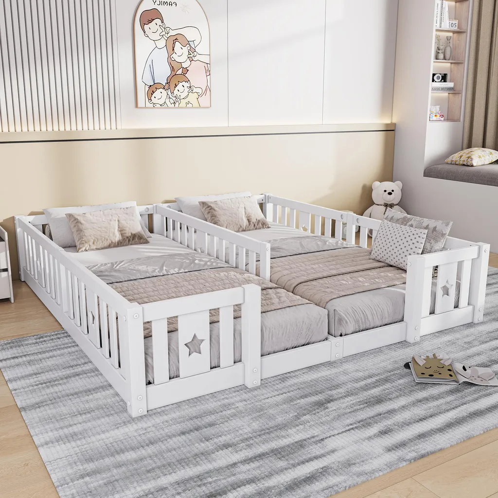 Lit double enfant 90x200cm blanc en bois massif avec barrières Étoiles