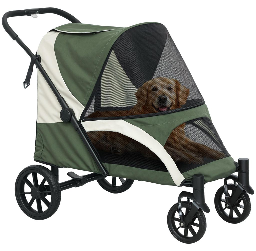 Hundewagen. Faltbarer Hundebuggy fš¹r gro?e Hunde. Haustierwagen mit 4 R?dern. Sicherheitsleinen. Bremsen. Dunkelgrš¹n