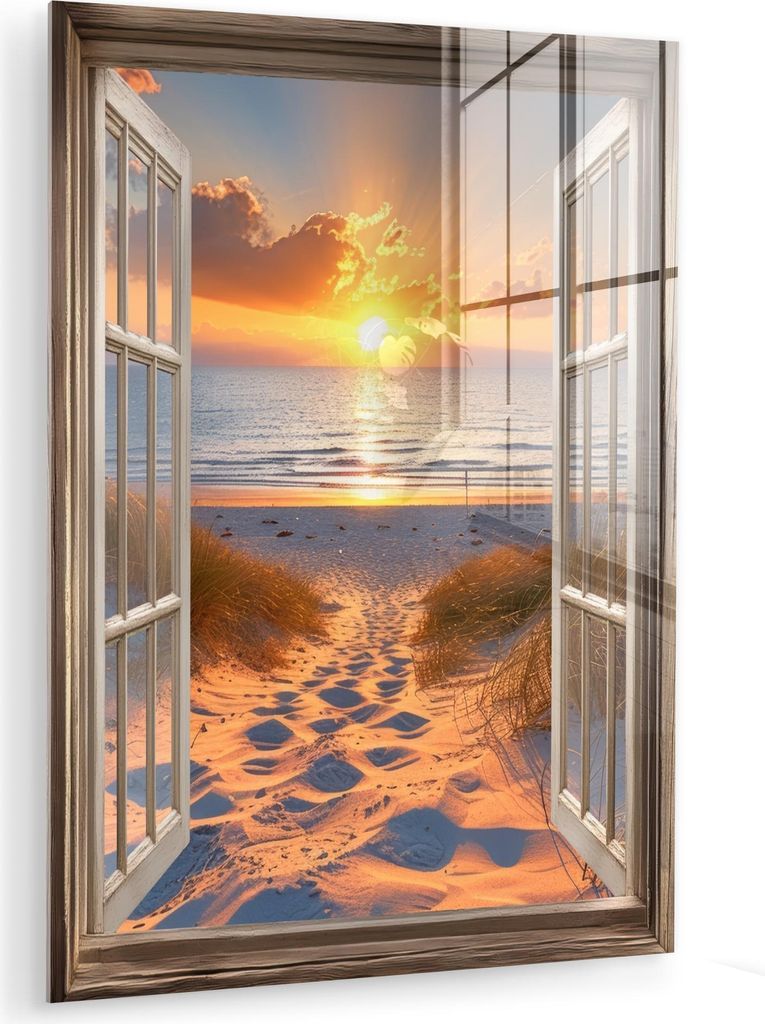 MuchoWow Glasbilder - Bilder auf Wandbild - Foto auf Glas Durchblick - Strand - Dünen - Sonnenuntergang 30x40 cm Wanddekoration aus Glas - Acrylgl...