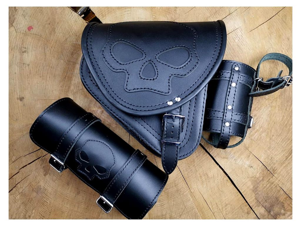 Diablo Skull Set inklusive Werkzeugrolle Schädel kompatibel mit Harley Davidson Schwingentasche Rolle Satteltasche Komplettset Leder schwarz
