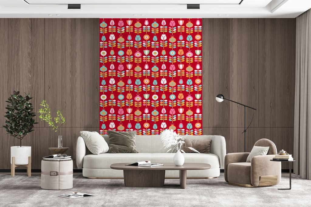 MuchoWow Fototapete für Wohnzimmer oder Schlafzimmer Wandtapete Vinyl Motivtapete Muster - Blumen - Retro - Rot - 160x240 cm - Vinyltapete