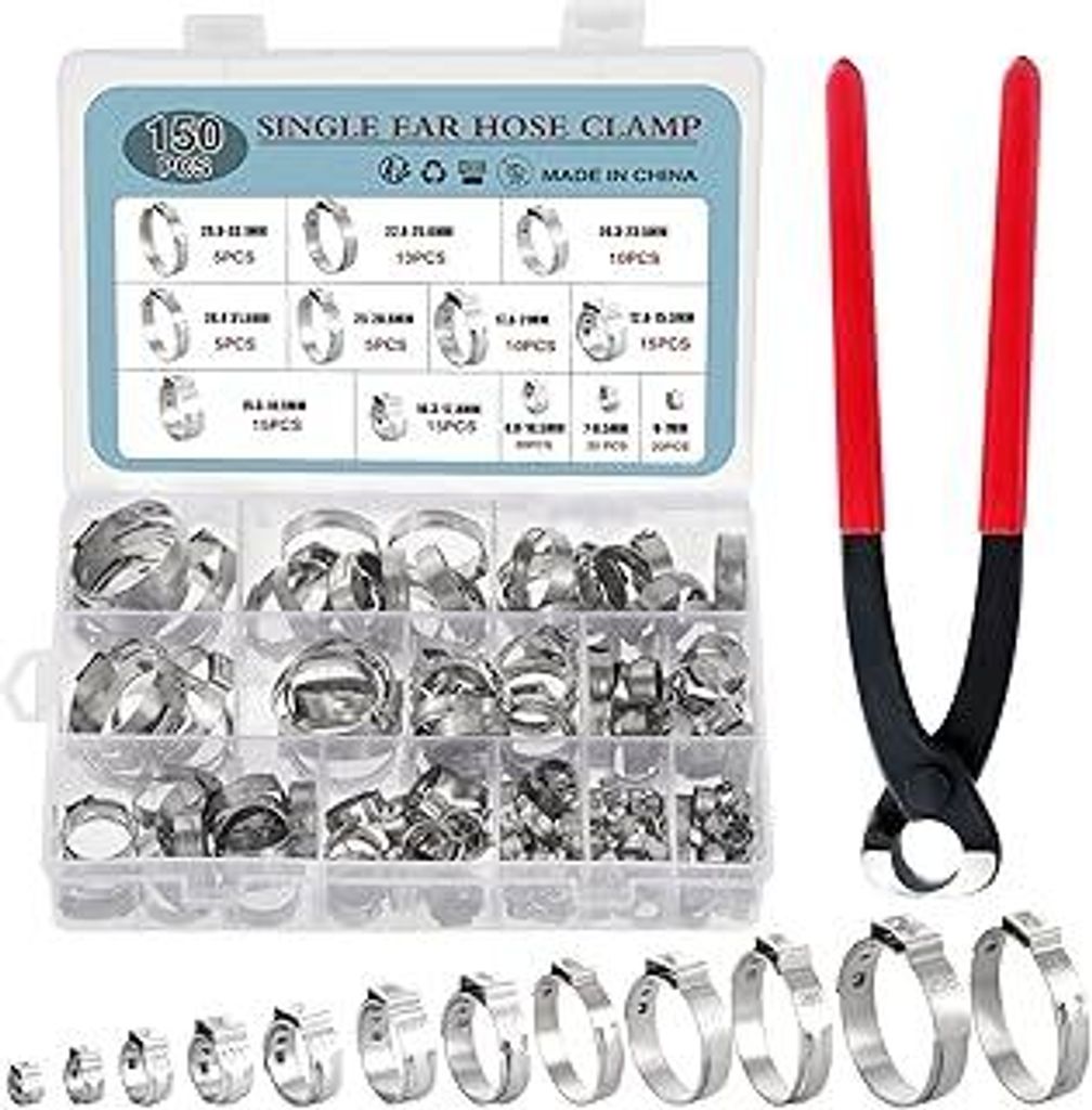 150PCS Edelstahl Einohr-Schlauchschellen mit Schlauchklemmzange, 12 Größen 6-33 mm Rohr-Schlauchschelle Kraftstoffleitung Clip