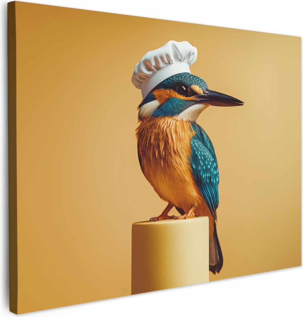 Wanddeko 40x30 cm - Vogel - Kochmütze - Eisvogel - Gelb, Leinwand Bilder, Wanddeko, Gemälde