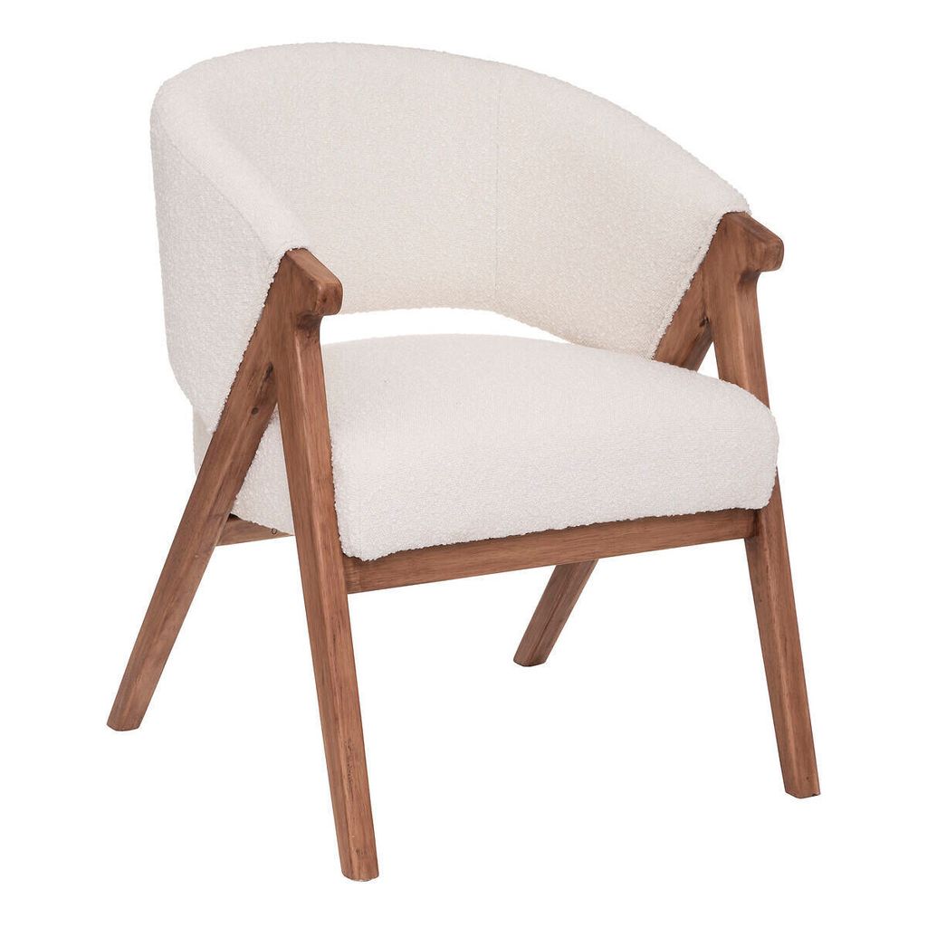 A white, fluffy armchair with wooden legs, presented against a white background.