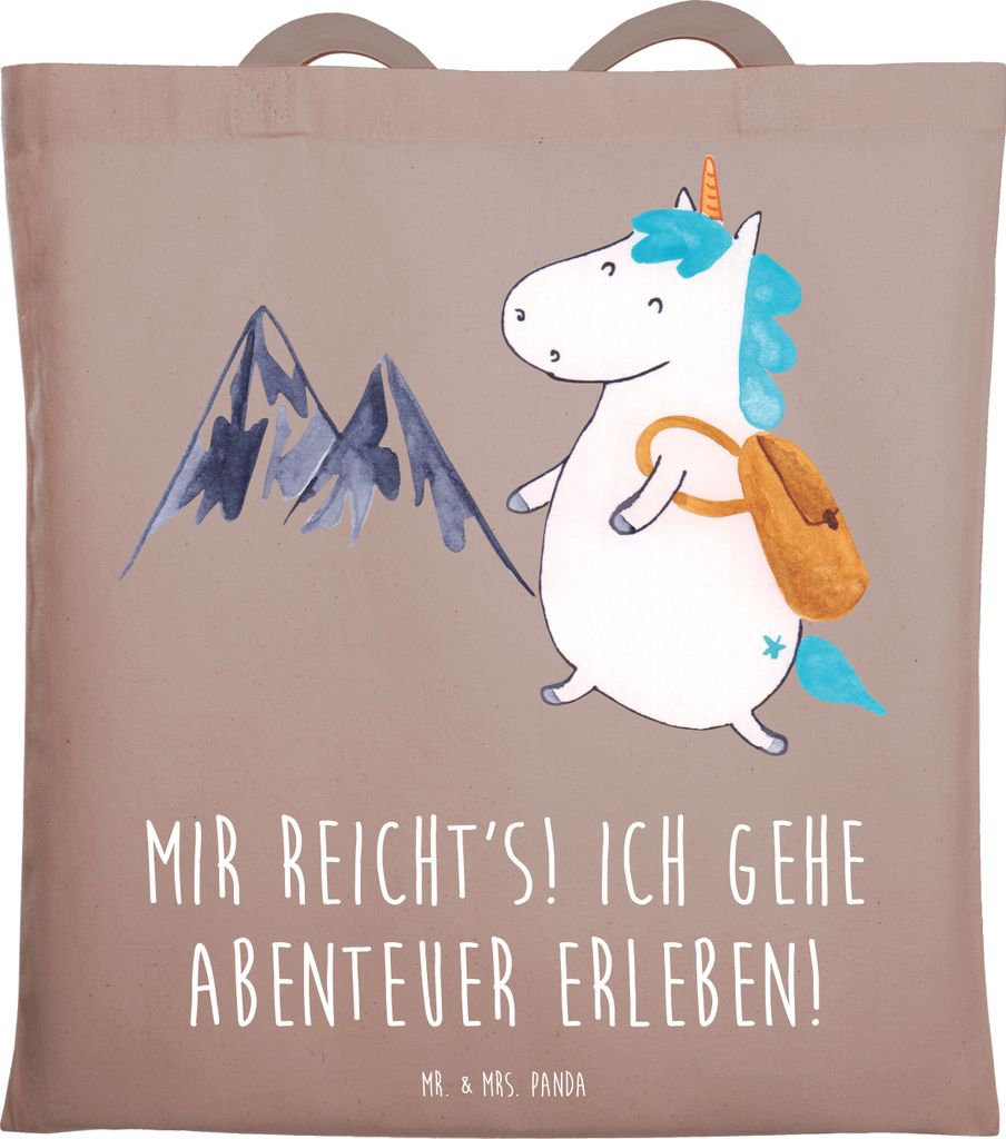 Mr. & Mrs. Panda Stoffbeutel Einhorn Bergsteiger - Braun Pastell - Geschenk, Unicorn, Urlaub, Shopping Tasche, Tragetasche, Jutebeutel, Tote Bag, E...