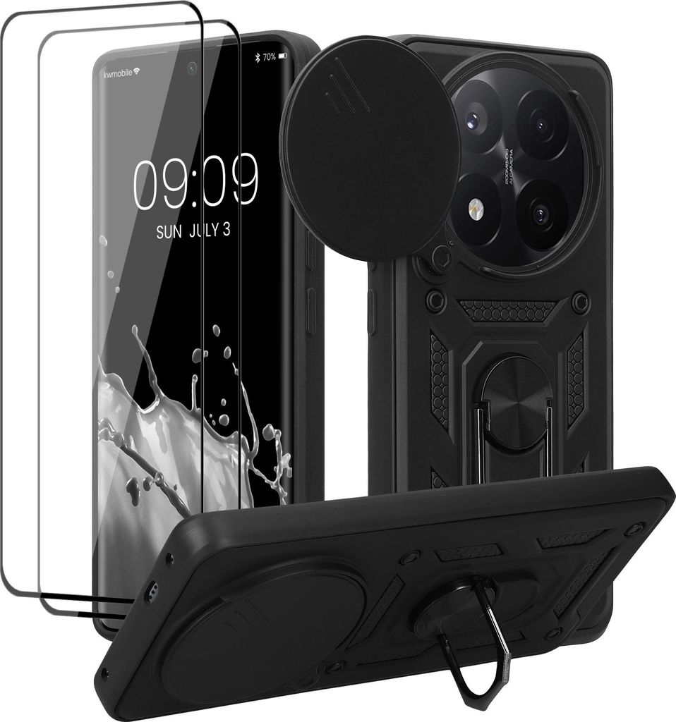 kwmobile Hülle für Xiaomi Redmi Note 14 Pro+ 5G / Redmi Note 14 Pro Plus 5G Case - Handyhülle mit 2 Schutzfolien - Kameraabdeckung und Ringhalter -