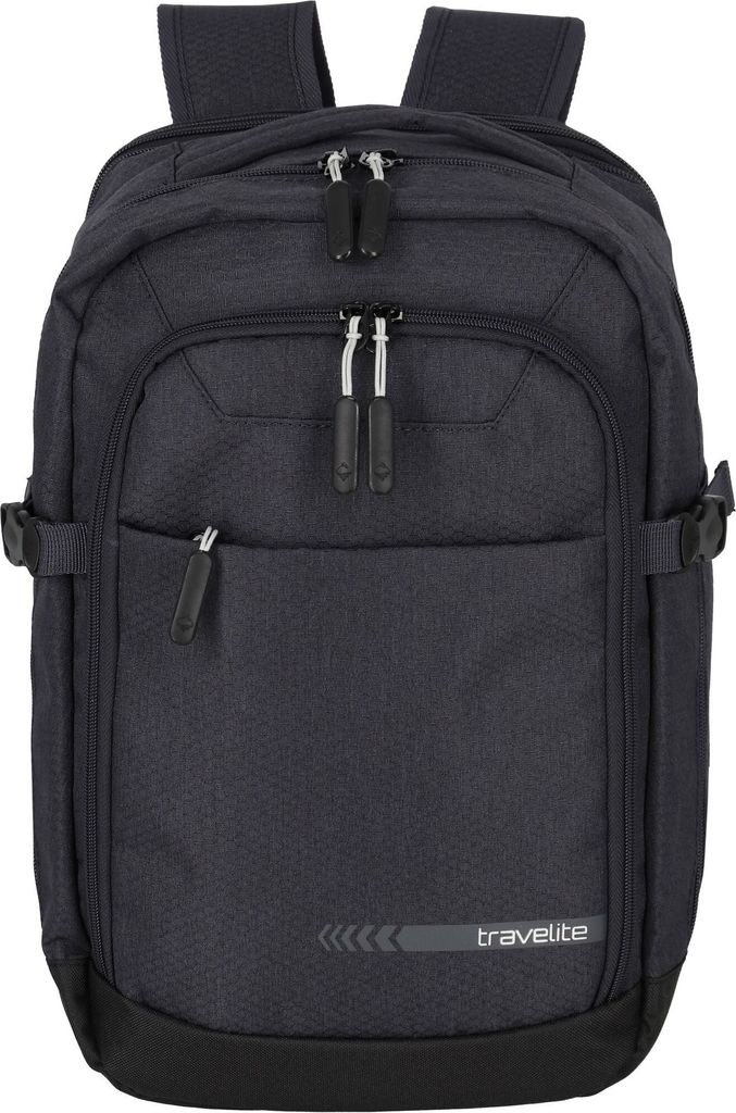 A black backpack is shown from the front.