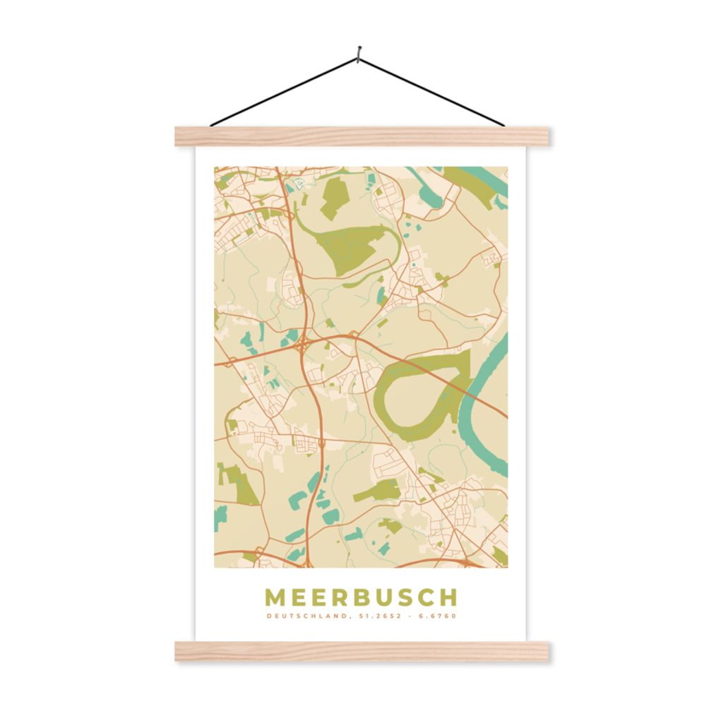 MuchoWow Textilposter Meerbusch - Karte - Stadtplan - Vintage 60x90 cm mit holzfarbenen Rahmen - Textil