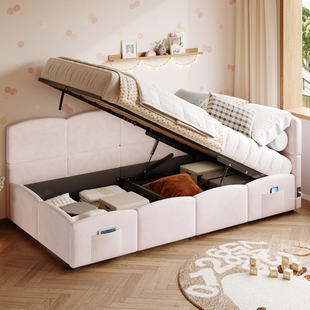 okwish Polsterbett 90x200 Kinderbett ohne Matratze mit Lattenrost und USB-Ladegerät,Stauraumbett Schlafsofa Jugendbett aus Samt mit Stautasche,rosa