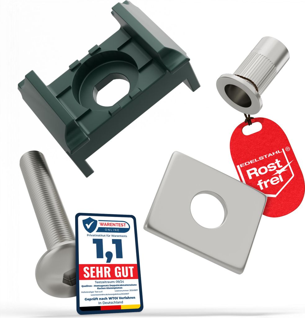 Qualinos Zaunhalter für 40 mm Pfosten & Flache Klemmplatte (60 Stück) – V2A Komplettset Grün 6005 Stabmattenzaun Zubehör