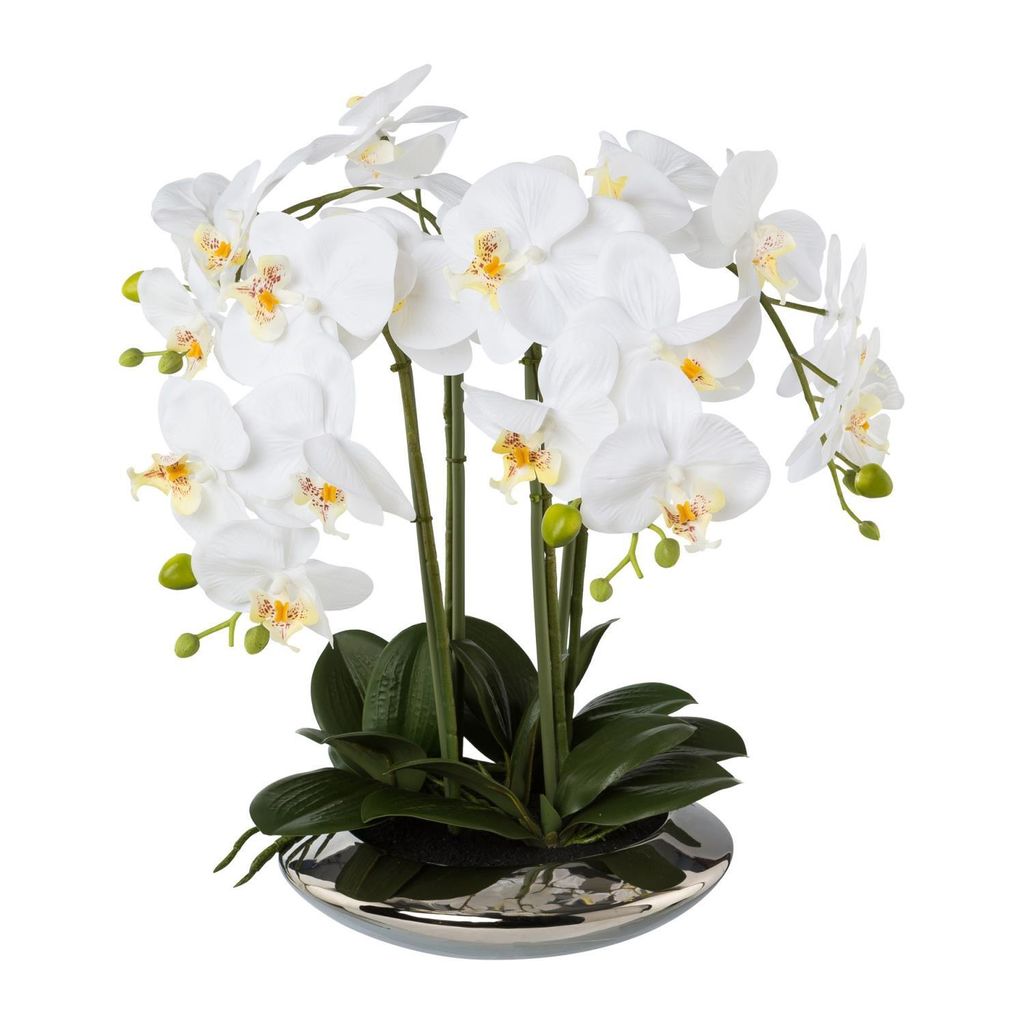 künstliche Orchidee Phalaenopsis H. 41cm weiß in silberner Keramikschale GASPER