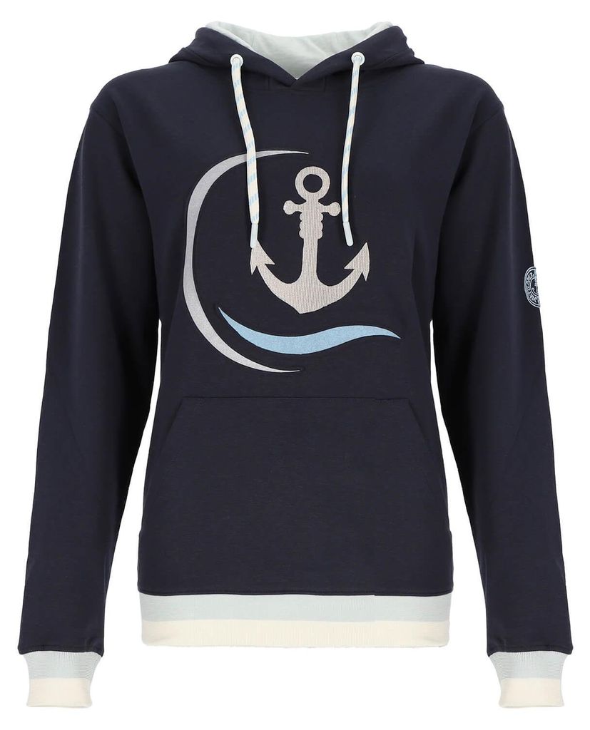 Wattlöper Uni Sweathoody mit Anker-Stickerei und Wellen- und Halbkreis-Print - Kapuzenpullover mit Kängurutasche in Retroblau Größe XL