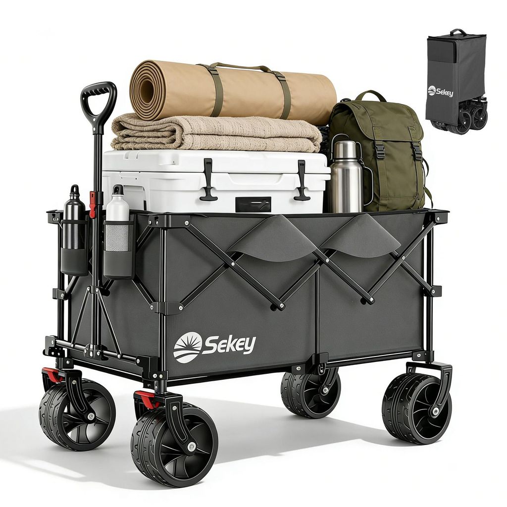 Sekey XXL Plus Bollerwagen Faltbar mit Extra Breite Räder, Faltbollerwagen belastbar 200kg Handwagen Klappbar Transportwagen, Grau