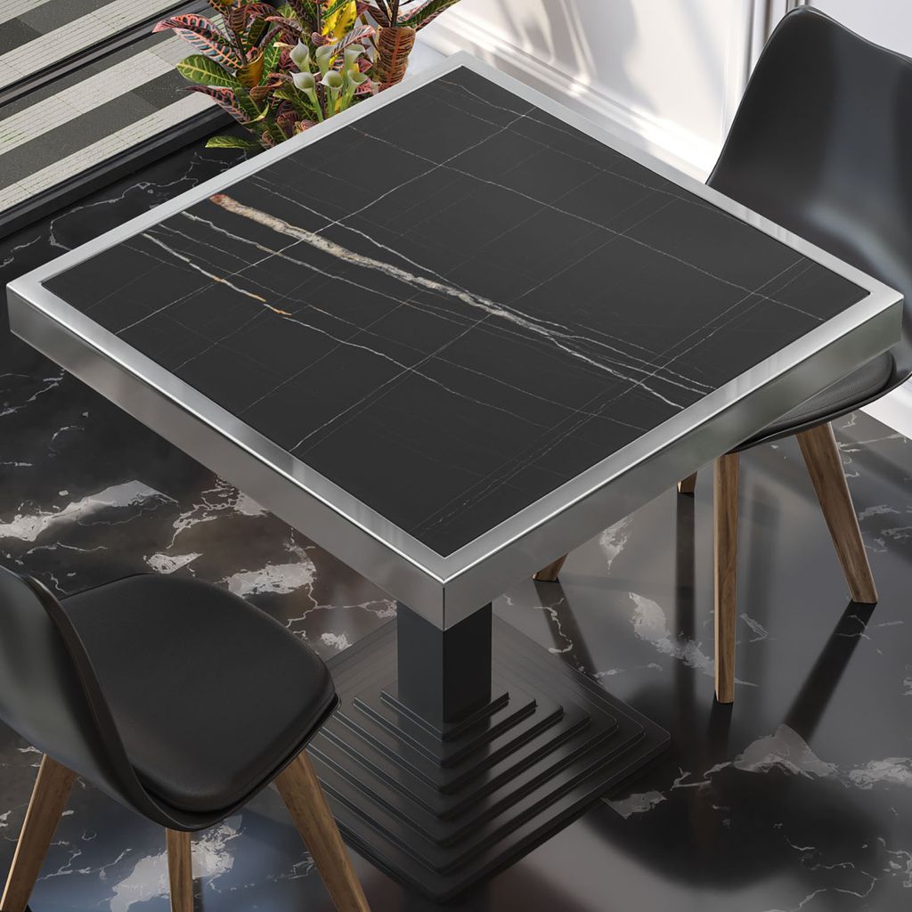 BRASIL | Gastro Tischplatte | B:T 50 x 50 cm | Schwarz Marmor | Chrom Rand | Quadratisch | Gastro Tischplatte
