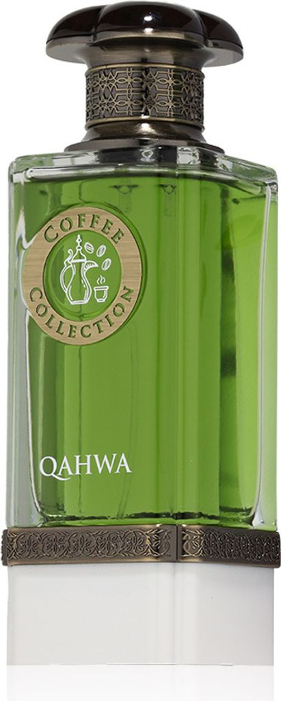 A product shot of a green perfume bottle with gold and bronze accents.