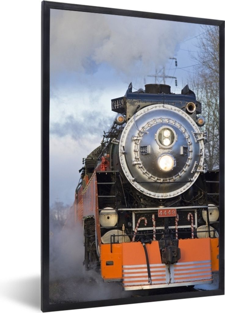 MuchoWow Gerahmtes Poster Frontansicht einer Dampflokomotive 60x90 cm - Poster mit Schwarzem Bilderrahmen Wandposter Rahmen Foto Bilder - Kunst