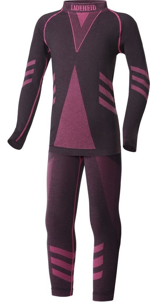 Ladeheid Kinder Mädchen Jungen Funktionsunterwäsche Set Langarm Shirt Lange Unterhose Thermoaktiv LAGI009 (Schwarz/Rosa, 146-152)