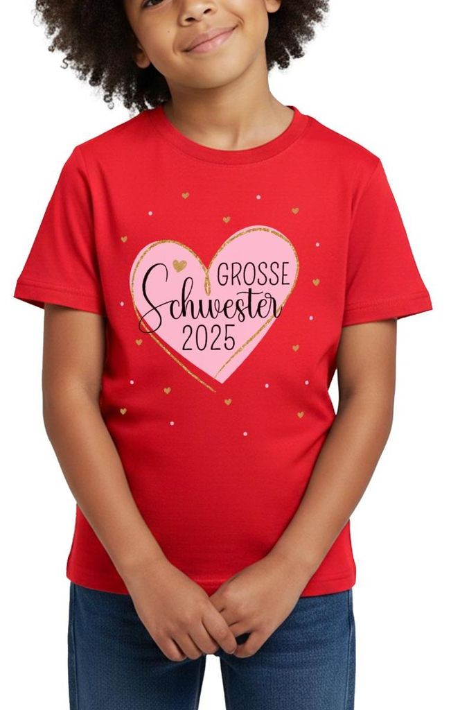 Spreadshirt Große Schwester 2025 Herz Geschwister Kinder T-Shirt, 122/128 (7-8 Jahre), Rot