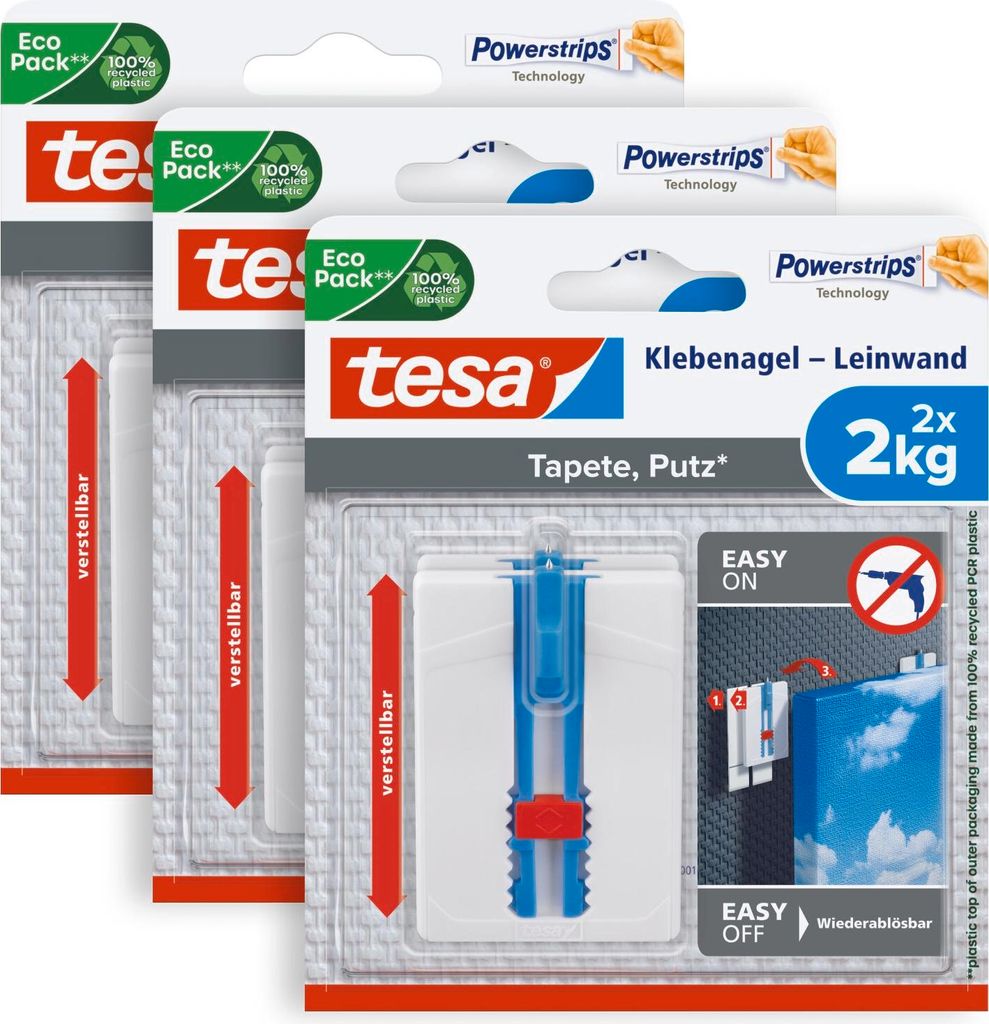 tesa Leinwand Klebenagel selbstklebend Tapeten Putz höhenverstellbar 2 Stück 3er Pack