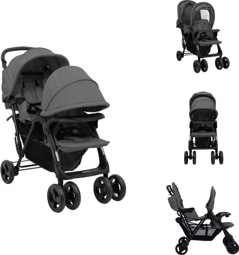 vidaXL Tandem-Zwillingskinderwagen Dunkelgrau Stahl - Kinderwagen