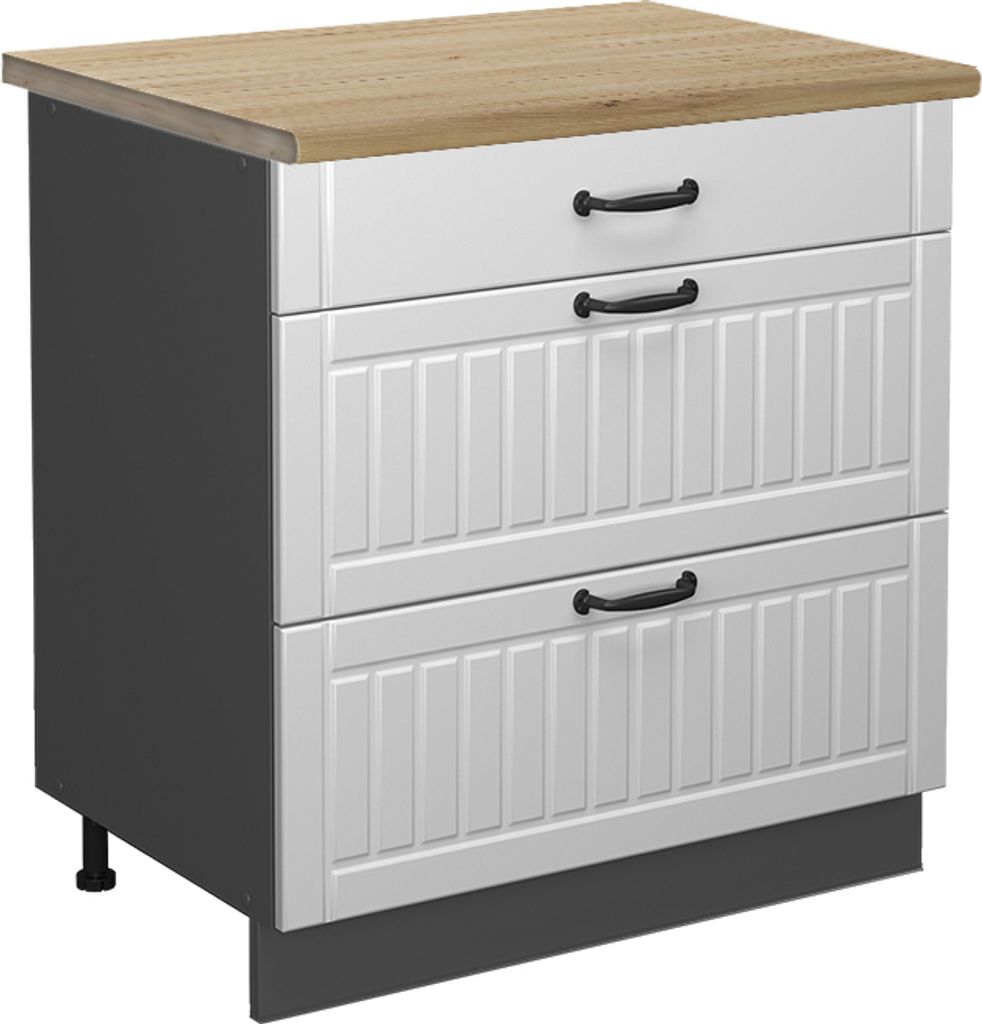 Küchenunterschrank Vicco Fame-Line Weiß Landhaus 80 cm mit 3 Schubladen, AP Eiche, Model 46113