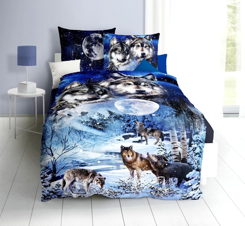 JACK by Kaeppel Mako Satin 135x200cm Digitaldruck Bettwäsche 2 tlg. Wolf Nights Saphir Blau Anthrazit Grau Wölfe