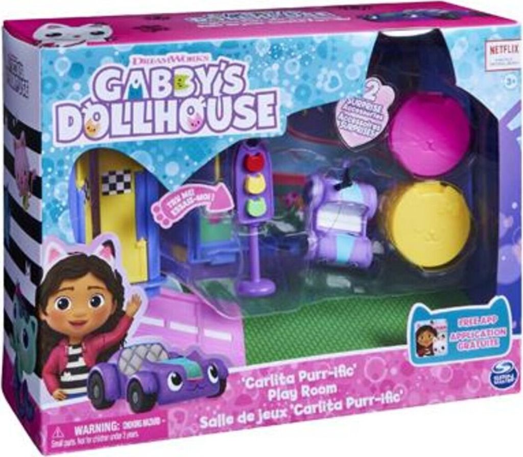 The image shows the packaging of a Gabby's Dollhouse toy set, featuring a play room with a car and accessories.
