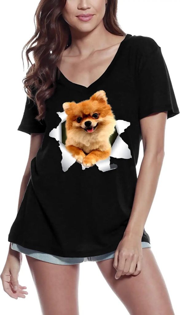 Damen Grafik T-Shirt V-Ausschnitt Niedlicher Pommerscher Hundeliebhaber – Cute Pomeranian Dog Lover – Öko-Verantwortlich Vintage Jahrgang Kurzarm