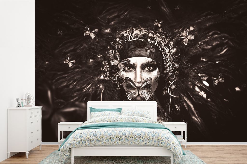 MuchoWow Fototapete für Wohnzimmer oder Schlafzimmer Wandtapete Vinyl Motivtapete Frau - Schwarz - Weiß - Luxus - 420x280 cm - Zimmer für Kinder