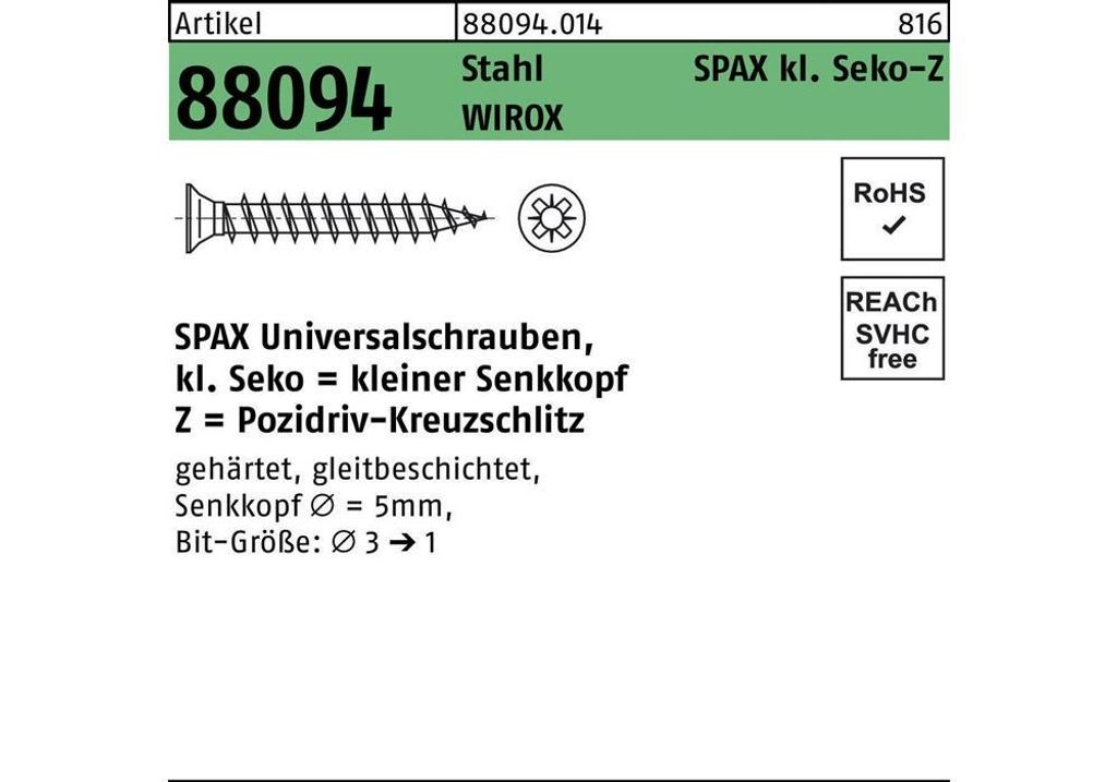 Spax Senkkopf, Kreuzschlitz Z Vollgewinde WIROX A9J, 3,0x12, 0321010300125