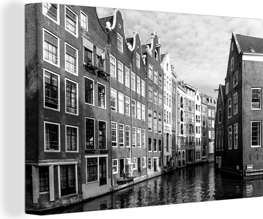 OneMillionCanvasses - Leinwandbilder - 140x90 cm, Grachtenhäuser entlang der Gracht in Amsterdam - schwarz und weiß, Wandbilder Kunstdruck Wand...