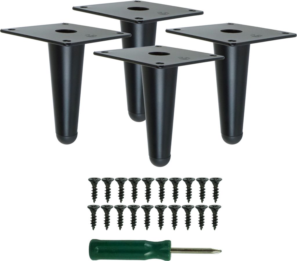 Four black metal furniture legs and a set of screws with a screwdriver on a white background.