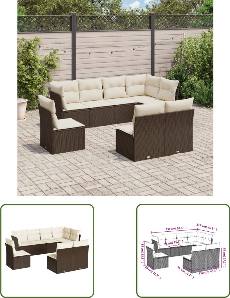 The Living Store 8-tlg. Garten-Sofagarnitur mit Kissen Braun Poly Rattan