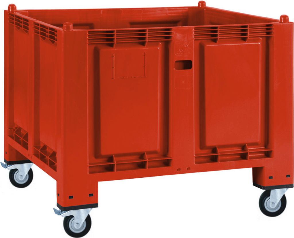 Palettenbox mit 4 Lenkrollen / 2 Rollen mit Feststellbremse, LxBxH 1200x800x1000 mm, geschl, Farbe: rot