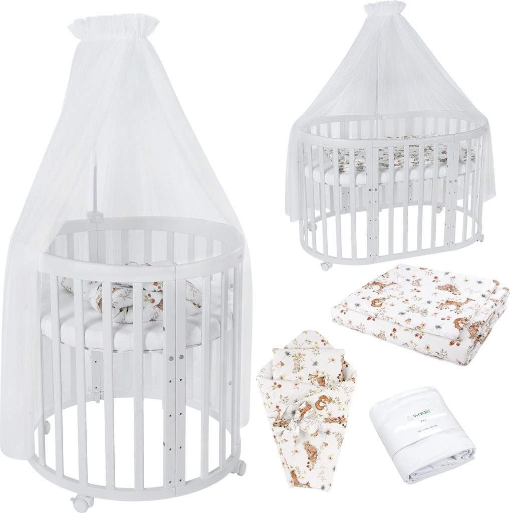 Mobiles Babybett OWAL aus Holz 7in1 mit Matratze, mitwachsend,Stoffe Weiß Tiere,Holz weiß