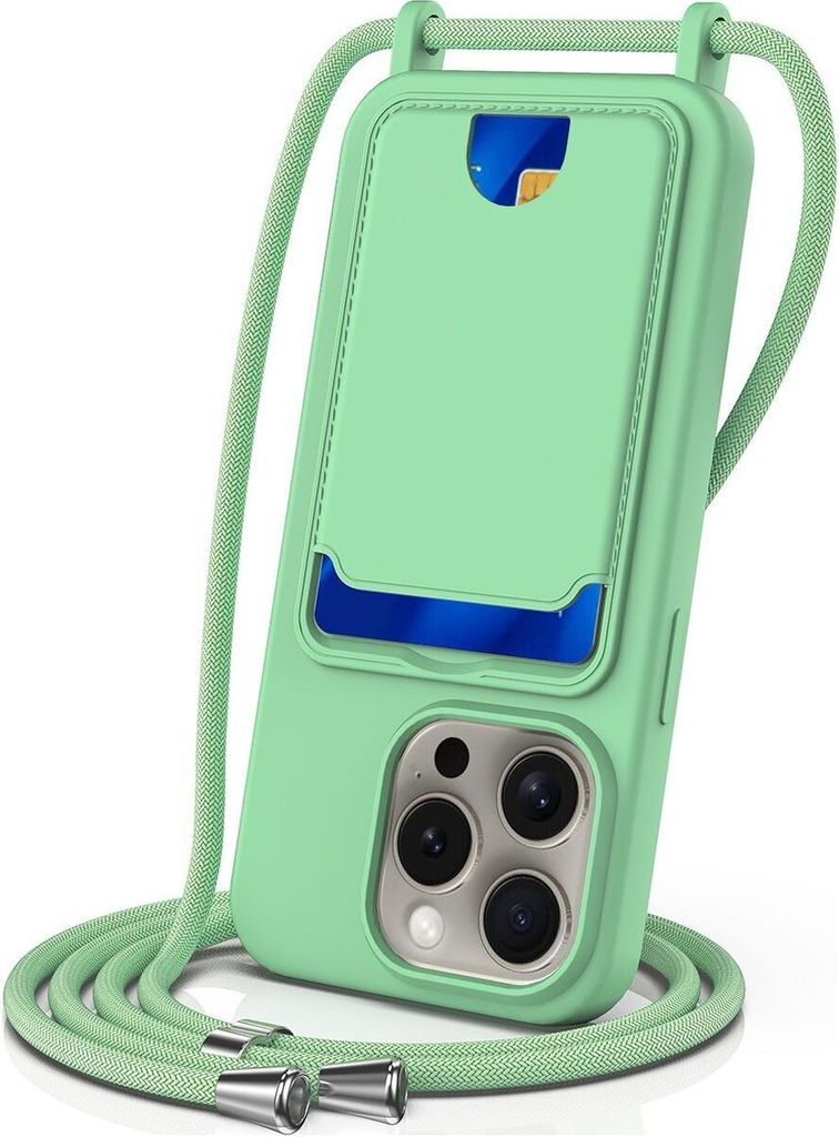 Mobigear Lanyard Card iPhone 16 Pro Silikon Handykette mit Kartenhalter - Grün