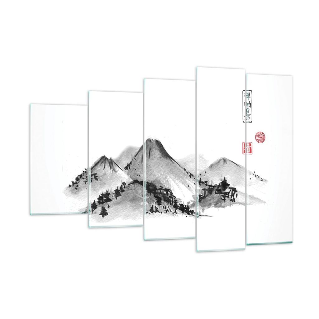 Bilder auf glas - 5 Teile - Zeichnen Asien Berge - 150x100cm - Glasbilder - Wandbilder - Bilder - zum Aufhängen bereit - Wanddekoration aus Glas -...