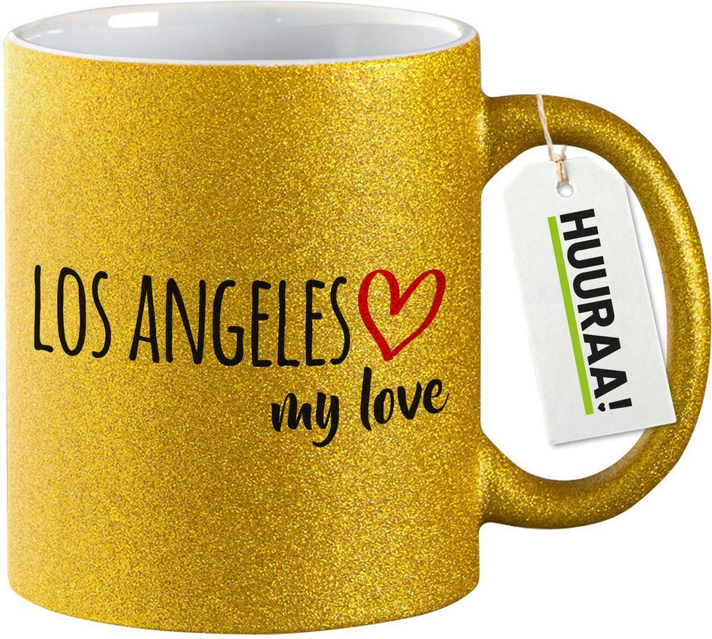 Huuraa Glitzertasse Los Angeles my love 330ml Gold Keramik Kaffeebecher Geschenkidee
