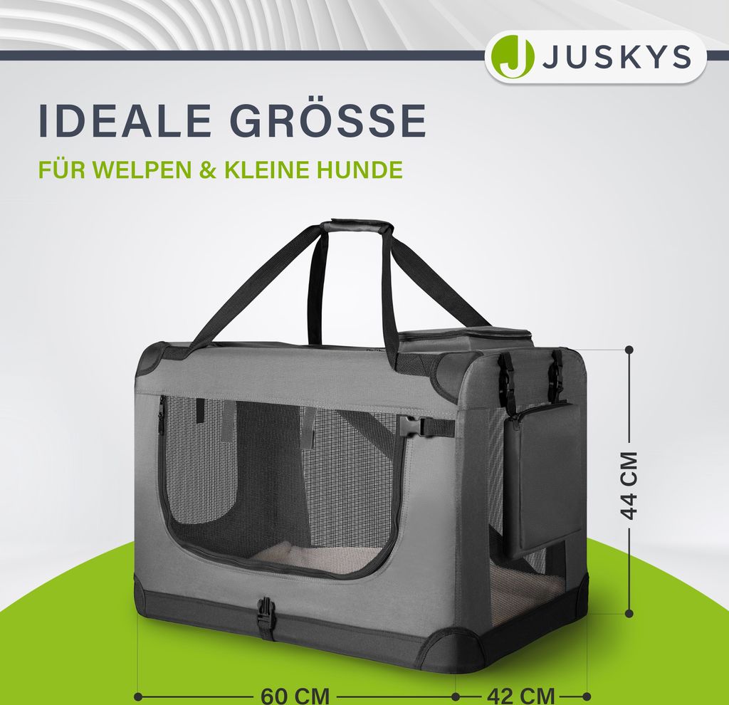 Juskys Hundetransportbox Lassie M (grau) faltbar - 42 x 60 x 44 cm - Hundebox mit Decke, Tasche & Griffen – Stoff Kleintiertasche für Hunde