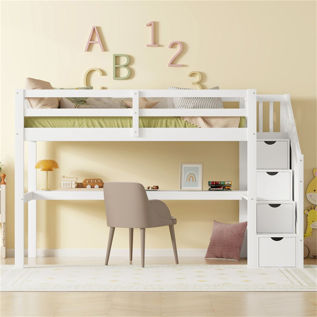 Hochbett 90 x 200 Kinderhochbett mit Stauraumschubladen und Unterbettschreibtisch, Weiß
