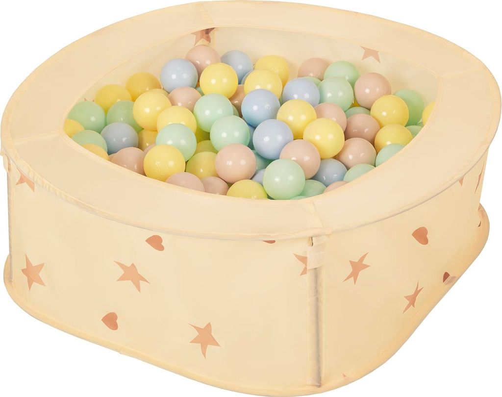 Selonis Bällepool für Kinder mit 200 Bälle 38x38x36 cm - hellbeige:pastellbeige/pastellblau/pastellgelb/min