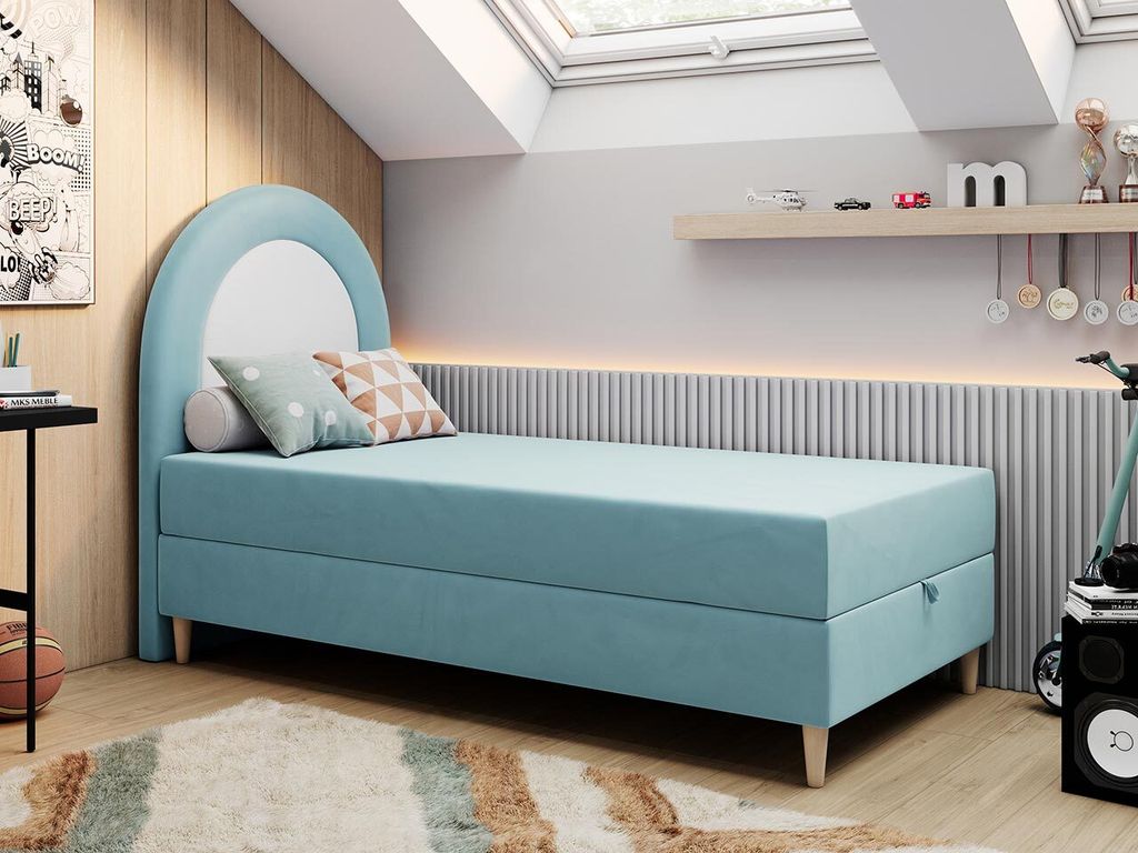 Kinderbett, Boxspringbett für Kinder, Einzelbett mit Matratze - NEST - 90x180cm - Blau - H3