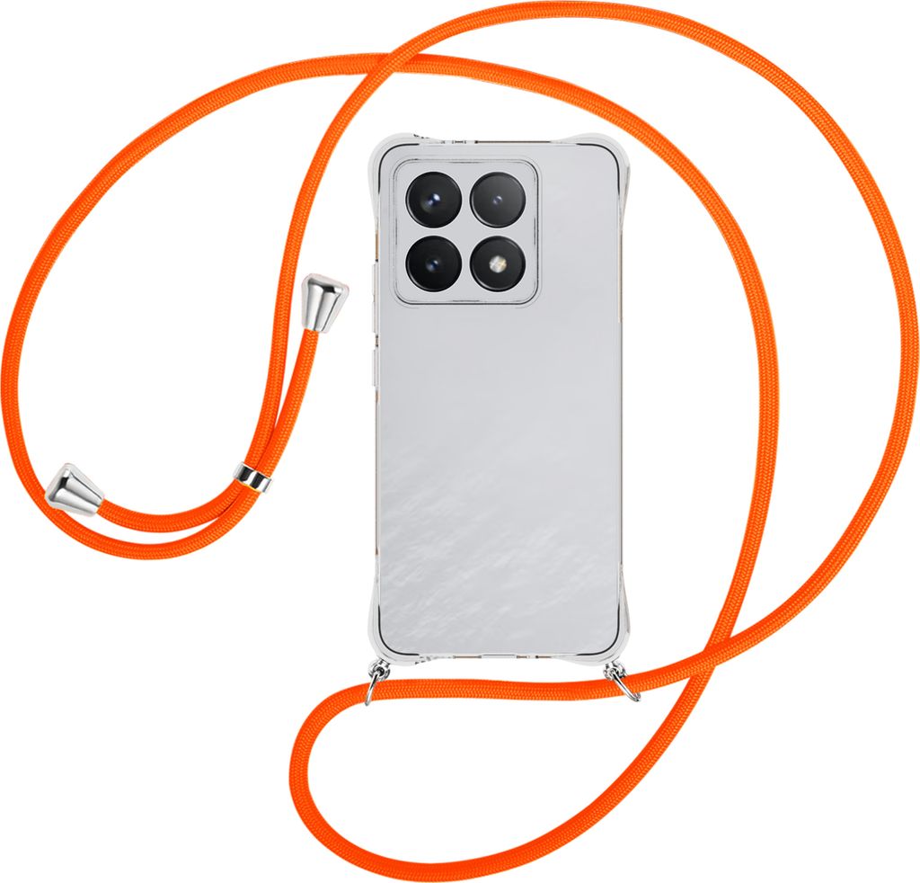 Handykette Backcover-Schutzhülle mit Band (Metall silberfarben) für Xiaomi 14T 5G - neonorange