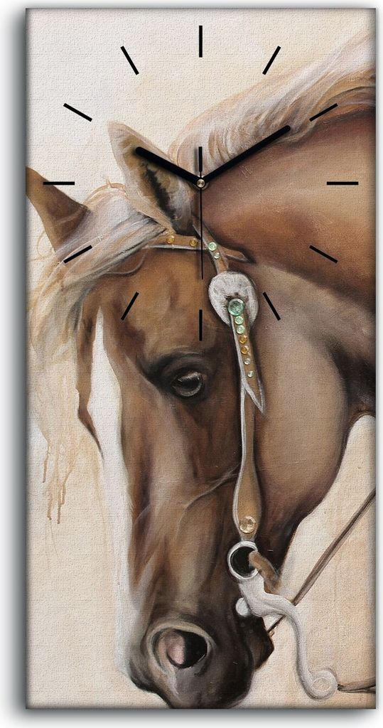 Wanduhr Leinwand Bild Uhr Kunstdruck 30x60 Foto Wand Pferdekopftier mit Reiter - schwarze Hände